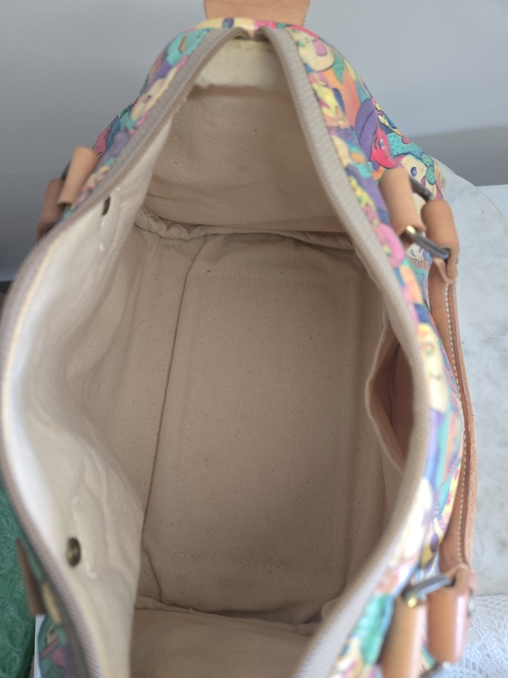 Colorful Faces Print Satchel with Tan Handles - Picture 5 of 7